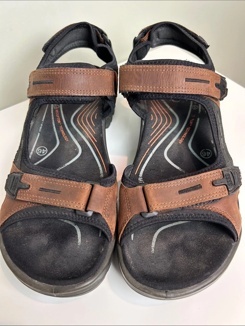 ECCO Receptor Mens 46 Brown Leather Sport Sandals Hiking Outdoor Adjustable